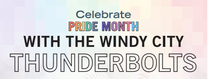 A promotional graphic for a Pride Scholarship Fundraiser in partnership with the Windy City Thunderbolts. The graphic reads Celebrate Pride Month with the Windy City Thunderbolts.